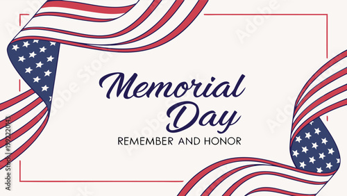 Memorial Day celebration banner with American flag and hand lettering on white background illustration.