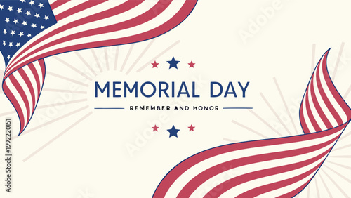 Memorial Day banner with hand lettering and waving American flag on white background vector illustration.
