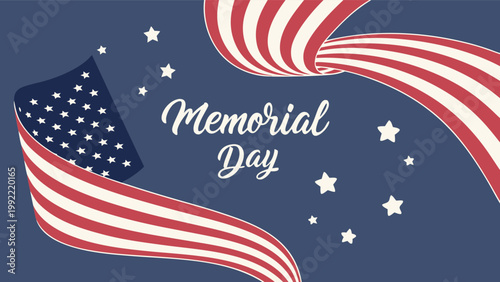 American Memorial Day greeting design with flag and hand lettering on blue background.