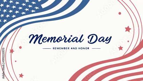 Patriotic banner for Memorial Day with waving United States flag and handwritten typography on white.