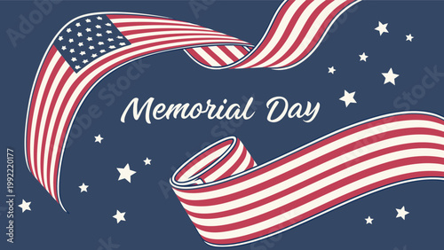 Memorial Day vector banner with American flag and hand lettering on blue background design.