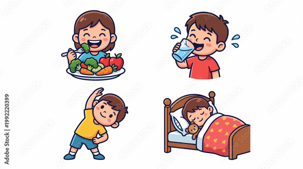 Fototapeta premium Healthy Lifestyle Habits and Daily Routine for Kids Vector Set