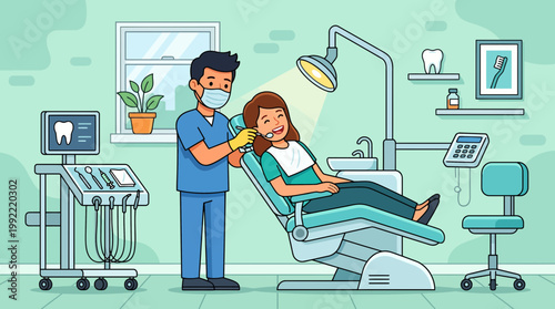 Professional Dentist Checking Teeth of Smiling Patient Illustration