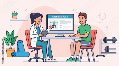 Fitness Coach Explaining Personalized Exercise Plan to Client Illustration