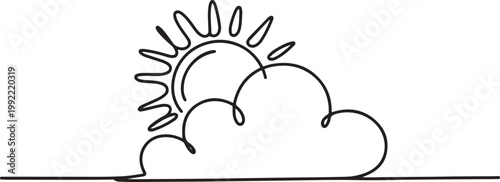 Continuous line sun cloud art. Single line sketch sunny summer. Icon cloudy sky.one line drawing vector illustration