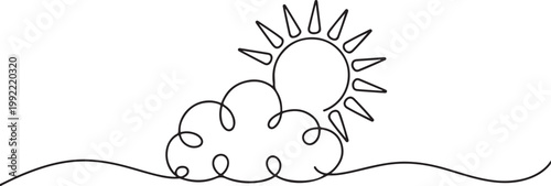 Continuous line sun cloud art. Single line sketch sunny summer. Icon cloudy sky.one line drawing vector illustration