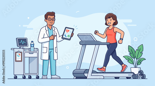 Doctor Monitoring Woman on Treadmill for Cardiac Stress Test Vector