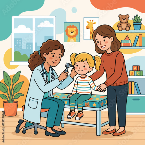 Pediatrician Examining Child Ear in Friendly Medical Clinic Illustration