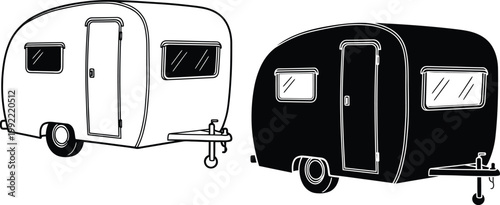 Vintage trailer silhouettes a black and white illustration of classic camping