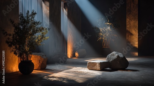 Dramatic Sunbeams Illuminate Ancient Stone Ruins With Potted Plant And Scattered Debris