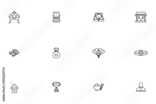 Japanese Sumo Wrestling and Traditional Culture Outline Icon Set