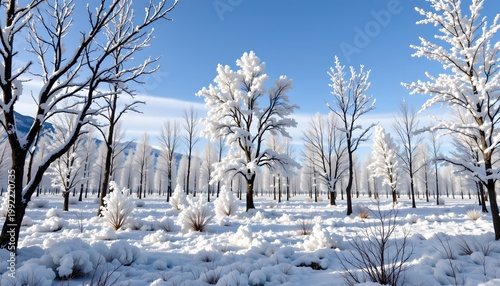 The image depicts a tranquil winter landscape with numerous snow covered trees scattered across a flat terrain. The ground is blanketed in thick white snow, creating a smooth, undisturbed surface