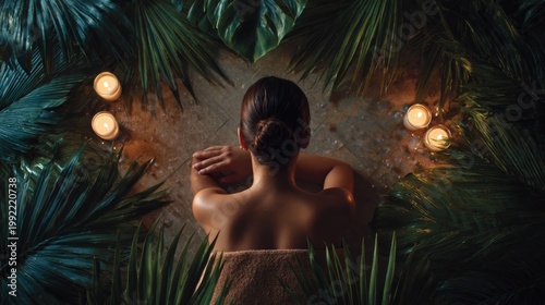 Luxury tropical spa scene with candles palm leaves and serene wellness relaxation atmosphere