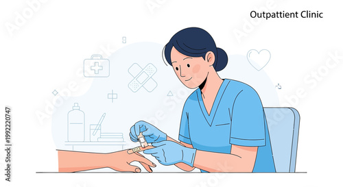 Nurse applying bandage to patient's finger in outpatient clinic, medical care concept