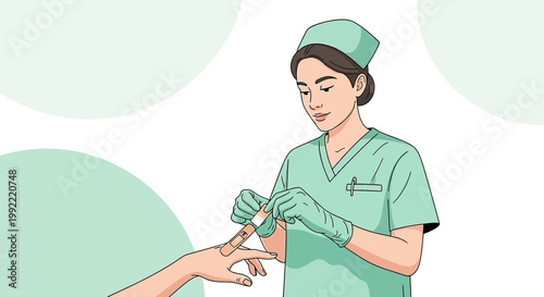 Nurse applying bandage to patient's finger after minor procedure