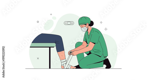 Nurse Applying Bandage to Patient's Injured Leg in Clinic Room