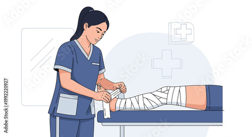 Nurse Applying Bandage to Patient's Injured Leg on Medical Bed