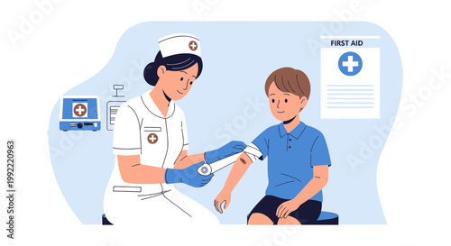 Nurse Bandaging Child's Arm After First Aid Treatment
