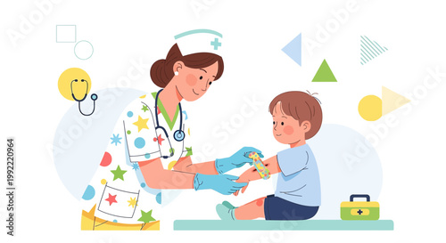 Nurse bandaging child's arm, pediatric healthcare, medical checkup, doctor's office, first aid
