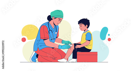 Nurse bandaging child's knee in clinic, healthcare concept