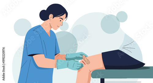 Nurse applying bandage to patient's knee after surgery, medical care concept