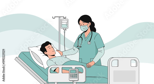 Nurse Cares for Patient in Hospital Bed with IV Drip and Monitor