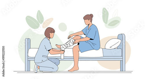 Nurse applying bandage to patient's leg in hospital bed, post-operative care concept