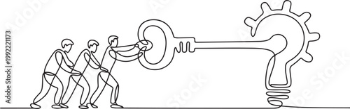 Continuous one line drawing teamwork, key to success. Unlock business solution concept.one line drawing vector illustration