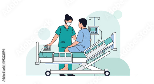 Nurse Cares for Patient in Hospital Bed with Medical Equipment