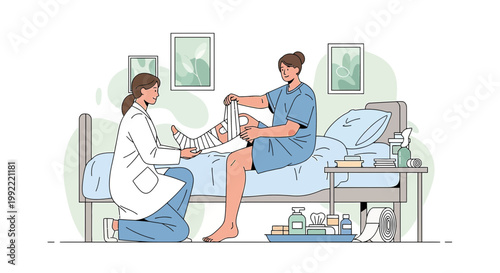 Nurse applying bandage to patient's leg in hospital room, medical care concept