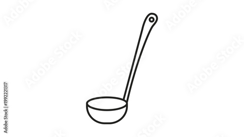 Minimalist Soup Ladle Vector Icon with Editable Stroke. A clean black line illustration of a long-handled kitchen tool for cooking and serving, perfect for culinary and food service designs.