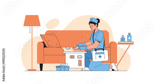 Nurse caring for patient at home, medical assistance, home healthcare, doctor visit, medical aid