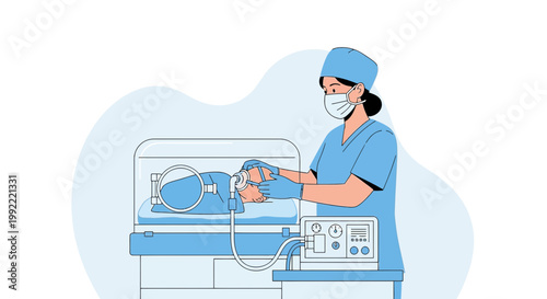 Nurse caring for newborn in incubator, neonatal intensive care unit, medical equipment