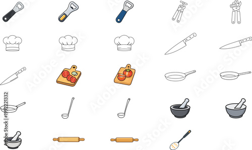 25 Kitchen and Cooking Vector Icon Set with Editable Stroke. Minimalist Line Art Bundle featuring Chef Hat, Knife, Frying Pan, Rolling Pin, Mortar and Pestle, Bottle Opener, and Ladle for Branding.