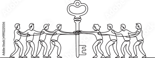 Continuous one line drawing teamwork, key to success. Unlock business solution concept.one line drawing vector illustration