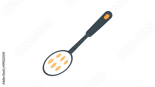 Modern flat vector icon illustration of a slotted spoon with a long handle and holes, isolated on a white background. Perfect for kitchenware, cooking, culinary, and food preparation designs.