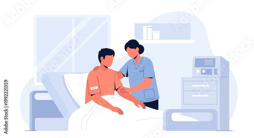 Nurse Caring for Patient in Hospital Bed with Medical Equipment