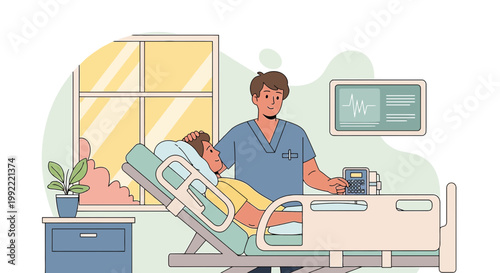 Nurse caring for patient in hospital bed, medical equipment and monitor