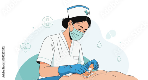Nurse Applying Bandage to Patient's Wound in Medical Setting