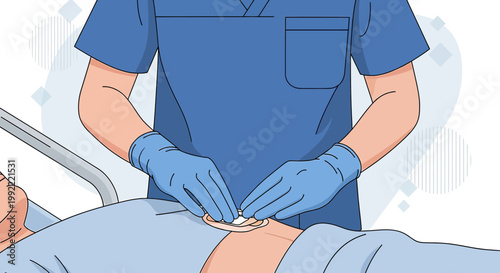 Nurse applying dressing to patient's abdomen after surgery, medical care concept