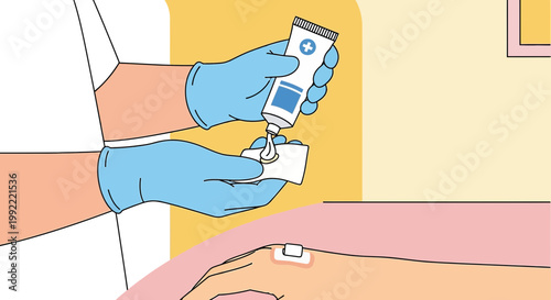 Nurse applying cream to wound dressing on patient's arm with blue gloves