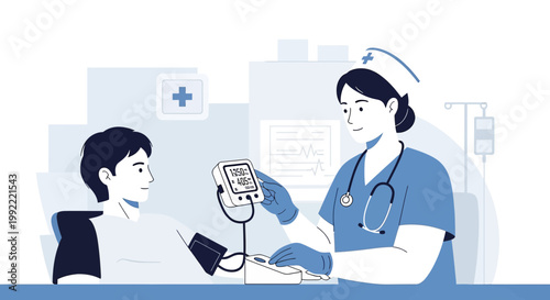 Nurse checking patient's blood pressure in hospital room, medical checkup