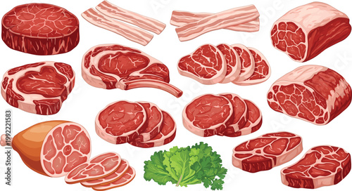 Raw Meat Cuts Vector Illustration Featuring Beef Steak Pork Bacon Ham Slices and Fresh Parsley for Butcher Shop Food Preparation and Cooking Design