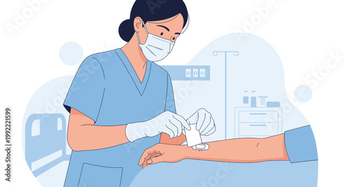 Nurse Applying IV Drip to Patient's Arm in Hospital Room