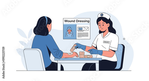 Nurse Applying Wound Dressing to Patient's Arm, Medical Care Illustration