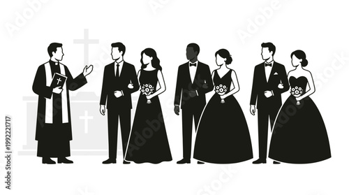 Elegant wedding ceremony silhouette with a diverse group of people gathering