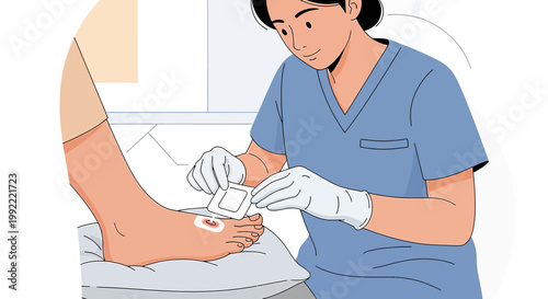 Nurse applying wound dressing to patient's foot in clinic, medical care concept