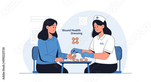 Nurse applying wound dressing to patient's hand, healthcare concept illustration