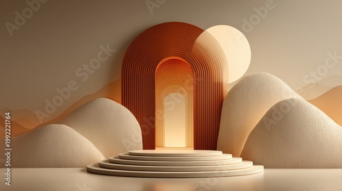 Minimalist Archway Entrance With Geometric Terraced Podium Against Warm Gradient Mountainscape And Textured Hills
