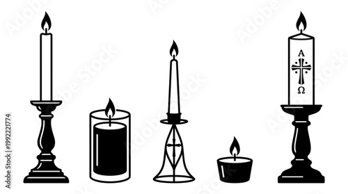 Collection of lit candles, offering a variety of shapes and sizes with distinct designs. Each candle emits a gentle glow, enhancing the serene and decorative appeal of the scene.